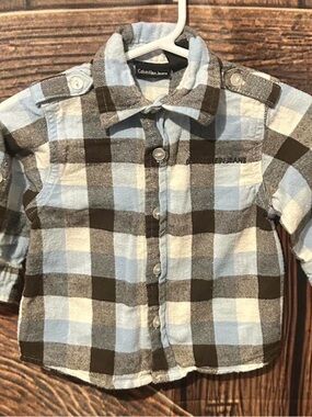 Calvin Klein Light Blue, Brown & White Plaid Button-Down Shirt